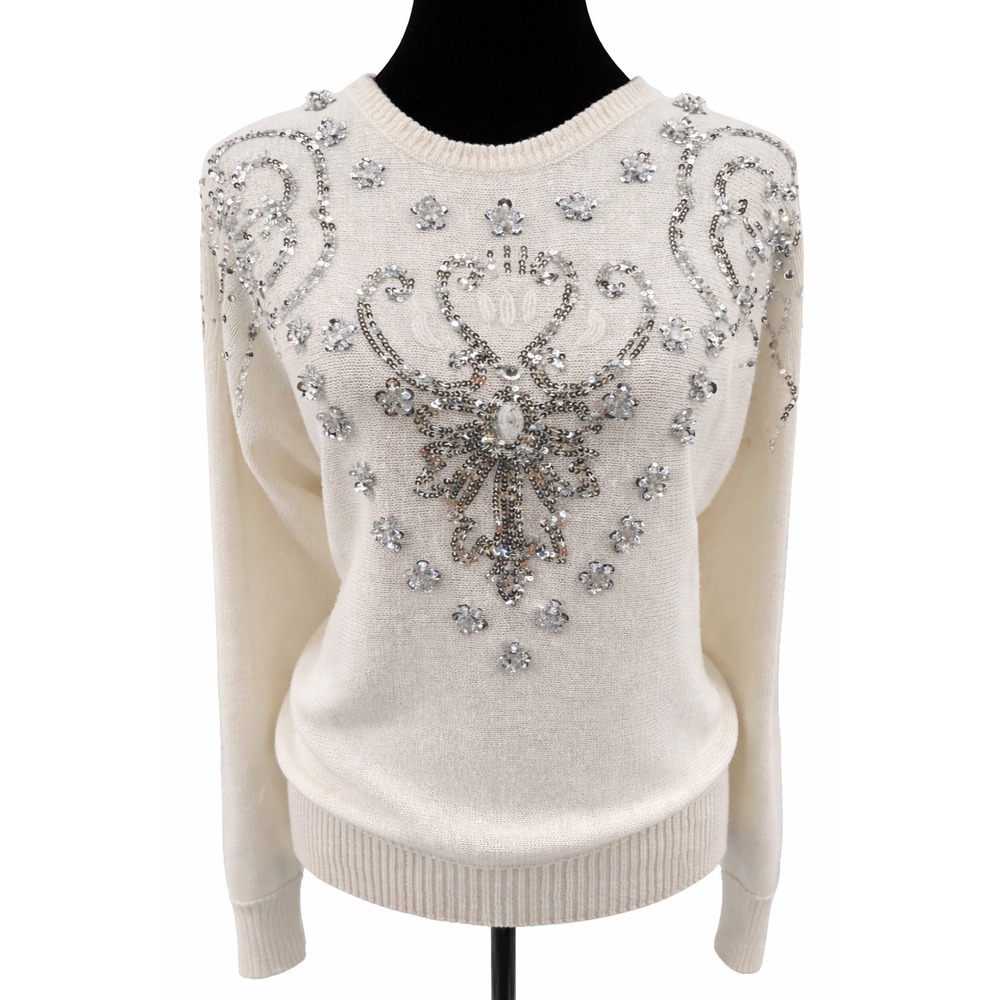 Cervelle Womens Silver Sequin Embellished Crew Neck Sweater Medium White Knit